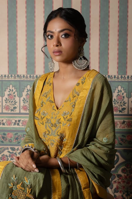 Buy Pants And Pajamas Yellow Cotton, Chanderi, Silk Sequins, Embroidery V-neck Leaf Kurta With Pant Buy_Pants And Pajamas_Yellow Cotton, Chanderi, Silk Sequins, Embroidery V-neck Leaf Kurta With Pant