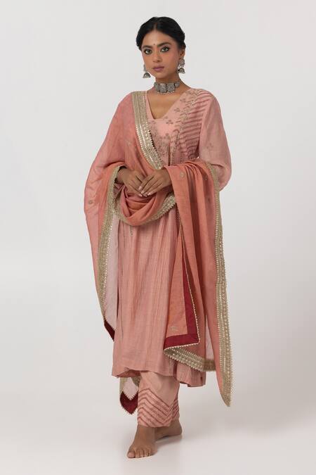 Pants And Pajamas_Pink Cotton, Chanderi, Silk Sequins, Zari, Geometric Floral Kurta With Pant _Online_at_Aza_Fashions