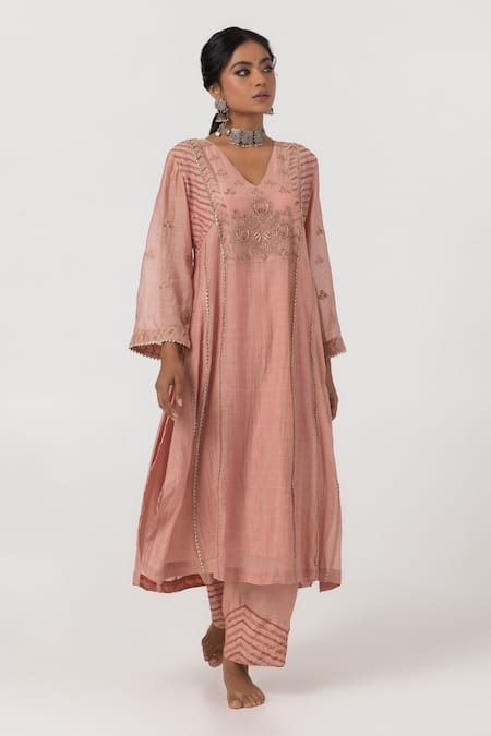 Shop_Pants And Pajamas_Pink Cotton, Chanderi, Silk Sequins, Zari, Geometric Floral Kurta With Pant _Online_at_Aza_Fashions