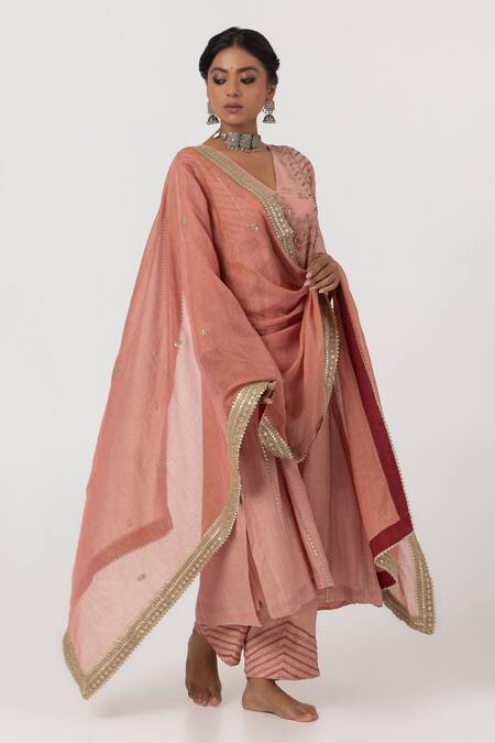 Pants And Pajamas_Pink Cotton, Chanderi, Silk Sequins, Zari, Geometric Floral Kurta With Pant _at_Aza_Fashions