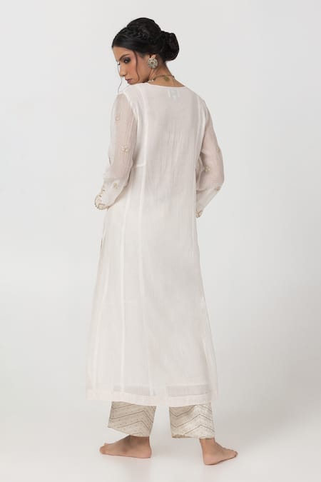 Shop Pants And Pajamas White Cotton, Silk, Chanderi Sequins, Zari, Geometric Flora Kurta With Pant at Aza Fashions Shop_Pants And Pajamas_White Cotton, Silk, Chanderi Sequins, Zari, Geometric Flora Kurta With Pant _at_Aza_Fashions