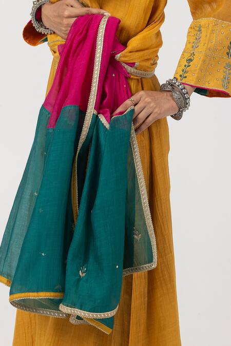 Pants And Pajamas Yellow Cotton, Silk, Chanderi Sequins, Zari Abstract Patch Work Kurta With Pant at Aza Fashions Pants And Pajamas_Yellow Cotton, Silk, Chanderi Sequins, Zari Abstract Patch Work Kurta With Pant _at_Aza_Fashions