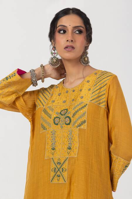 Buy Pants And Pajamas Yellow Cotton, Silk, Chanderi Sequins, Zari Abstract Patch Work Kurta With Pant Buy_Pants And Pajamas_Yellow Cotton, Silk, Chanderi Sequins, Zari Abstract Patch Work Kurta With Pant