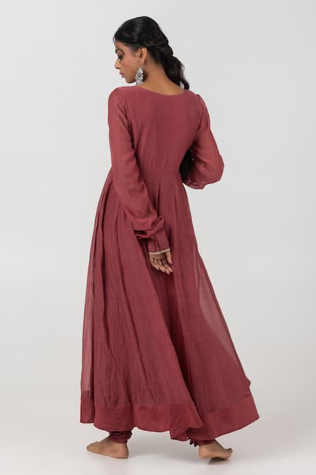Shop_Pants And Pajamas_Maroon , Silk Beads, Embroidery Floral Anarkali With Pant _at_Aza_Fashions