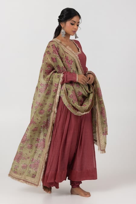 Shop_Pants And Pajamas_Maroon , Silk Beads, Embroidery Floral Anarkali With Pant _Online_at_Aza_Fashions