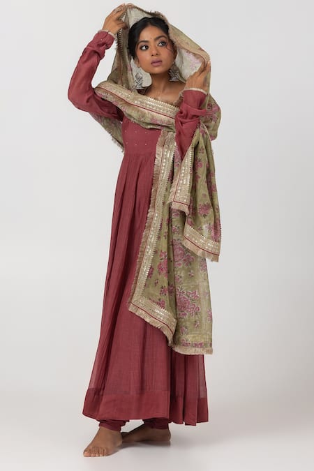 Buy_Pants And Pajamas_Maroon , Silk Beads, Embroidery Floral Anarkali With Pant 