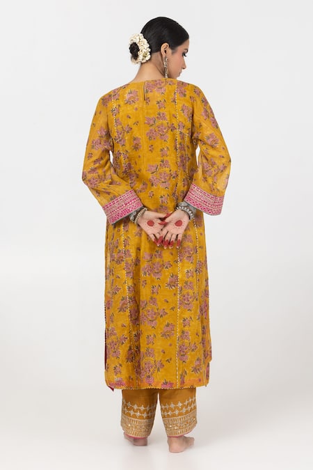 Shop Pants And Pajamas Yellow Cotton, Silk, Chanderi Embroidery, Floral Block Print Kurta With Pant at Aza Fashions Shop_Pants And Pajamas_Yellow Cotton, Silk, Chanderi Embroidery, Floral Block Print Kurta With Pant _at_Aza_Fashions