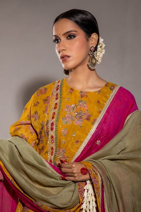 Pants And Pajamas Yellow Cotton, Silk, Chanderi Embroidery, Floral Block Print Kurta With Pant Online at Aza Fashions Pants And Pajamas_Yellow Cotton, Silk, Chanderi Embroidery, Floral Block Print Kurta With Pant _Online_at_Aza_Fashions