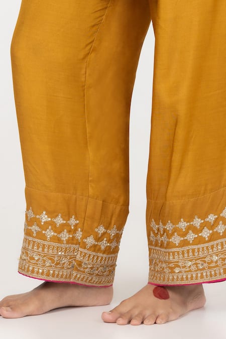 Buy Pants And Pajamas Yellow Cotton, Silk, Chanderi Embroidery, Floral Block Print Kurta With Pant Buy_Pants And Pajamas_Yellow Cotton, Silk, Chanderi Embroidery, Floral Block Print Kurta With Pant