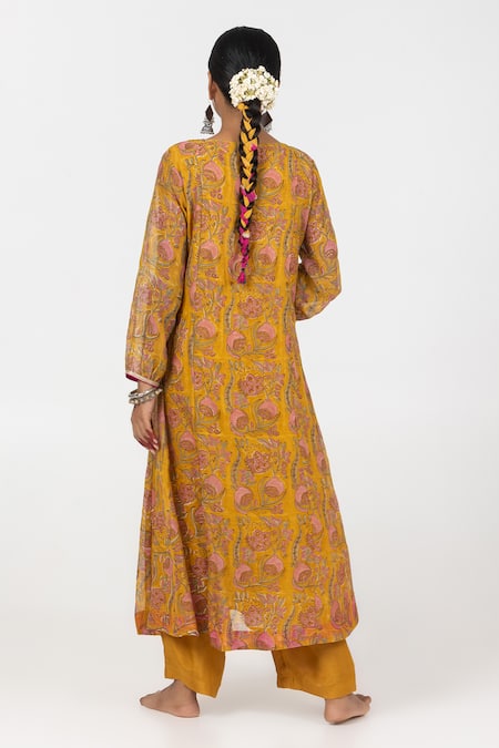 Shop_Pants And Pajamas_Yellow Cotton, Silk, Chanderi Embroidery, Sequins Gathered Yoke Kurta With Pant _at_Aza_Fashions
