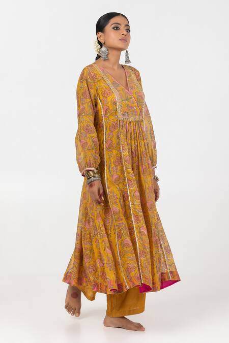 Pants And Pajamas_Yellow Cotton, Silk, Chanderi Embroidery, Sequins Gathered Yoke Kurta With Pant _Online_at_Aza_Fashions