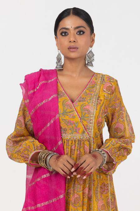Buy_Pants And Pajamas_Yellow Cotton, Silk, Chanderi Embroidery, Sequins Gathered Yoke Kurta With Pant _Online_at_Aza_Fashions