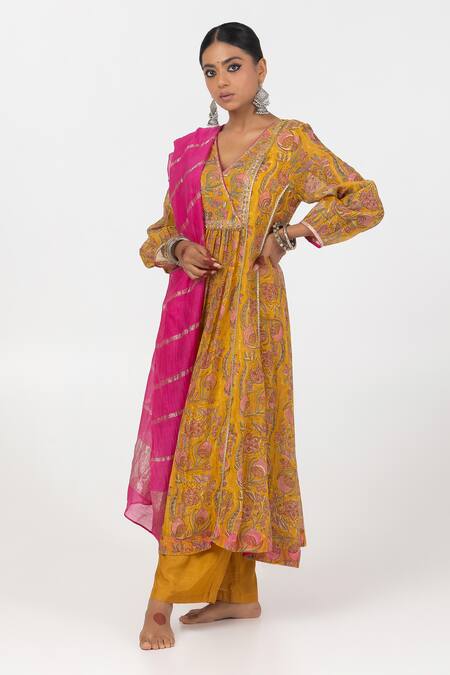 Shop_Pants And Pajamas_Yellow Cotton, Silk, Chanderi Embroidery, Sequins Gathered Yoke Kurta With Pant _Online_at_Aza_Fashions