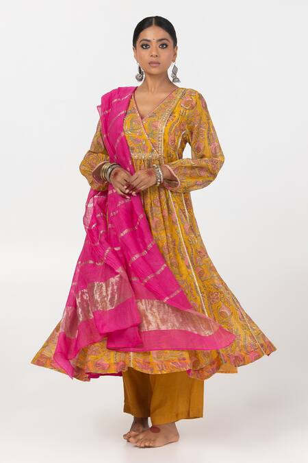 Pants And Pajamas_Yellow Cotton, Silk, Chanderi Embroidery, Sequins Gathered Yoke Kurta With Pant _at_Aza_Fashions