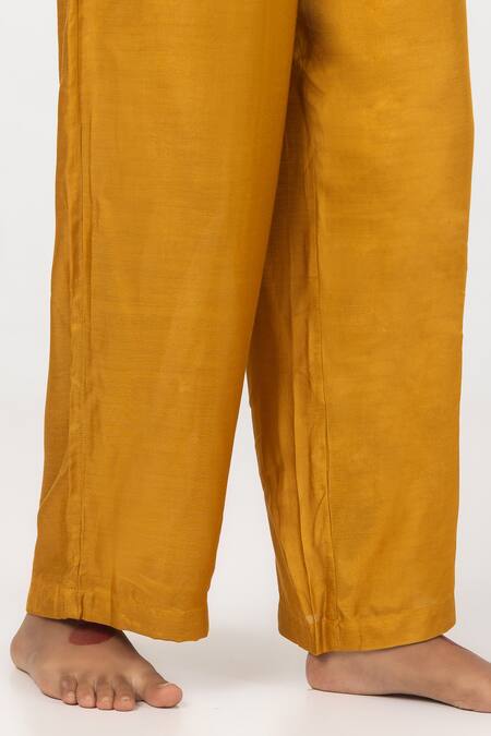 Buy_Pants And Pajamas_Yellow Cotton, Silk, Chanderi Embroidery, Sequins Gathered Yoke Kurta With Pant 