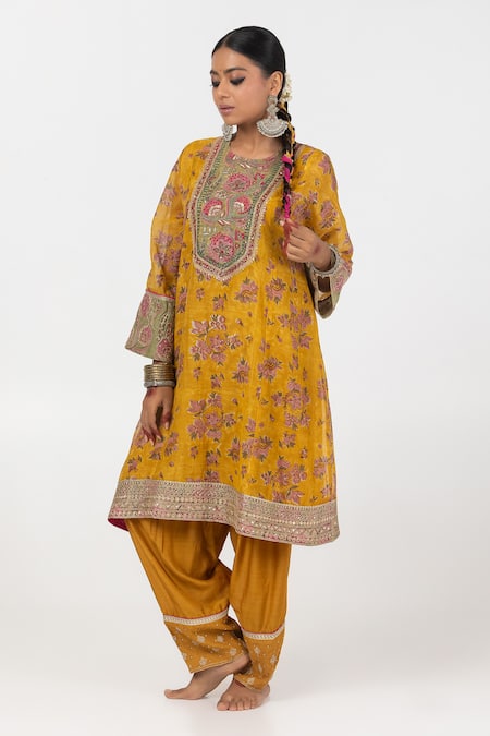 Pants and Pajamas Block Print Embroidered Short Kurta With Salwar 