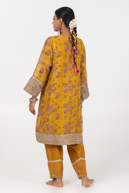 Shop Pants And Pajamas Yellow Modal, Chanderi Embroidery, Sequins Block Print Short Kurta With Salwar at Aza Fashions Shop_Pants And Pajamas_Yellow Modal, Chanderi Embroidery, Sequins Block Print Short Kurta With Salwar _at_Aza_Fashions