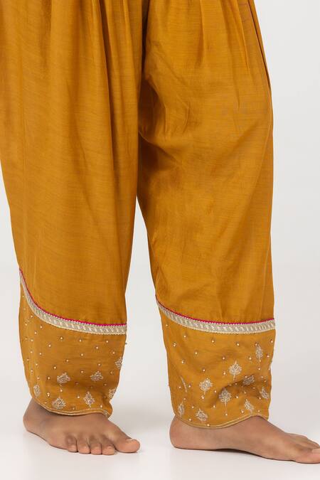 Pants And Pajamas Yellow Modal, Chanderi Embroidery, Sequins Block Print Short Kurta With Salwar Online at Aza Fashions Pants And Pajamas_Yellow Modal, Chanderi Embroidery, Sequins Block Print Short Kurta With Salwar _Online_at_Aza_Fashions
