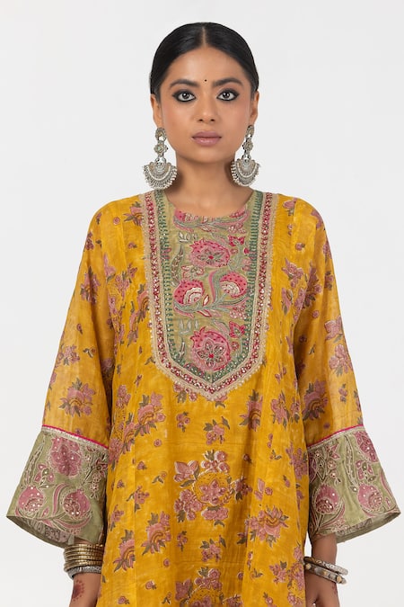 Buy Pants And Pajamas Yellow Modal, Chanderi Embroidery, Sequins Block Print Short Kurta With Salwar Online at Aza Fashions Buy_Pants And Pajamas_Yellow Modal, Chanderi Embroidery, Sequins Block Print Short Kurta With Salwar _Online_at_Aza_Fashions
