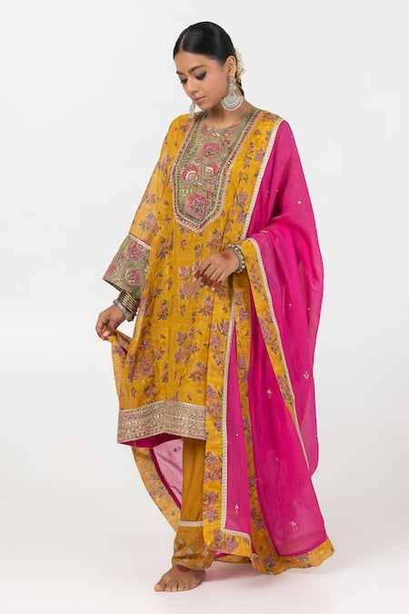 Buy Pants And Pajamas Yellow Modal, Chanderi Embroidery, Sequins Block Print Short Kurta With Salwar Buy_Pants And Pajamas_Yellow Modal, Chanderi Embroidery, Sequins Block Print Short Kurta With Salwar