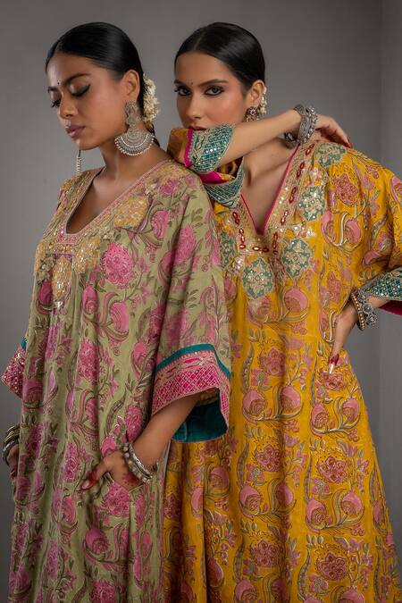 Pants And Pajamas_Yellow Cotton, Silk Embroidery, Sequins V-neck Block Print Kurta With Pant _Online_at_Aza_Fashions
