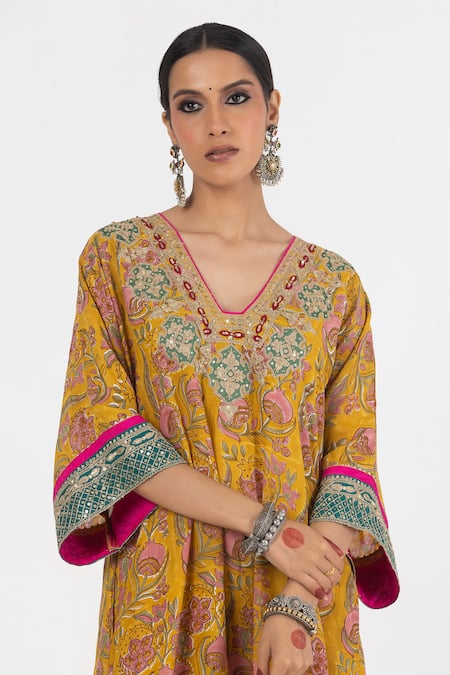Shop_Pants And Pajamas_Yellow Cotton, Silk Embroidery, Sequins V-neck Block Print Kurta With Pant _Online_at_Aza_Fashions