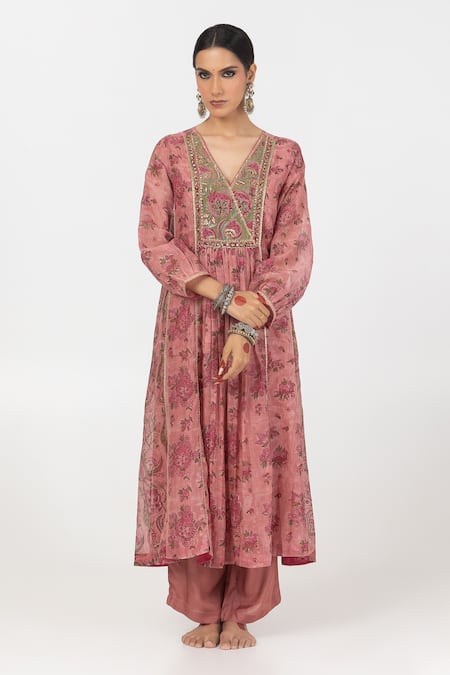 Pants and Pajamas Block Print Gathered Yoke Kurta With Pant 