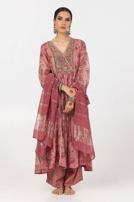 Buy Pants And Pajamas Pink Cotton, Silk Embroidery, Sequins Block Print Gathered Yoke Kurta With Pant Online at Aza Fashions Buy_Pants And Pajamas_Pink Cotton, Silk Embroidery, Sequins Block Print Gathered Yoke Kurta With Pant _Online_at_Aza_Fashions