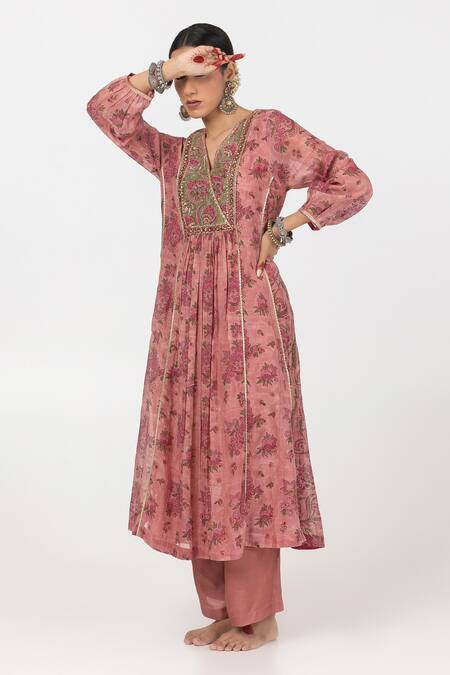 Shop Pants And Pajamas Pink Cotton, Silk Embroidery, Sequins Block Print Gathered Yoke Kurta With Pant Online at Aza Fashions Shop_Pants And Pajamas_Pink Cotton, Silk Embroidery, Sequins Block Print Gathered Yoke Kurta With Pant _Online_at_Aza_Fashions