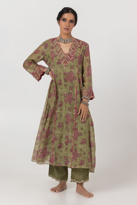 Pants and Pajamas Flower Block Print Kurta With Pant 