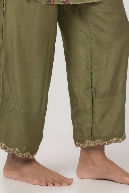 Pants And Pajamas Green Modal, Chanderi Embroidery, Sequins Flower Block Print Kurta With Pant Online at Aza Fashions Pants And Pajamas_Green Modal, Chanderi Embroidery, Sequins Flower Block Print Kurta With Pant _Online_at_Aza_Fashions