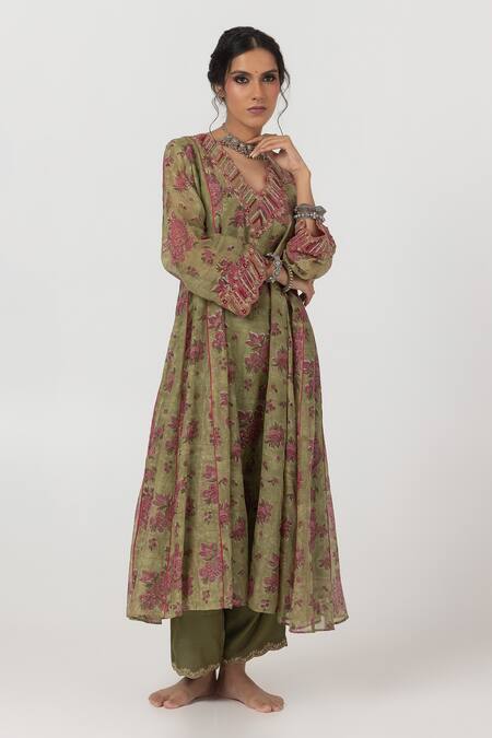 Buy Pants And Pajamas Green Modal, Chanderi Embroidery, Sequins Flower Block Print Kurta With Pant Online at Aza Fashions Buy_Pants And Pajamas_Green Modal, Chanderi Embroidery, Sequins Flower Block Print Kurta With Pant _Online_at_Aza_Fashions