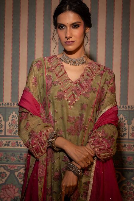 Pants And Pajamas Green Modal, Chanderi Embroidery, Sequins Flower Block Print Kurta With Pant at Aza Fashions Pants And Pajamas_Green Modal, Chanderi Embroidery, Sequins Flower Block Print Kurta With Pant _at_Aza_Fashions