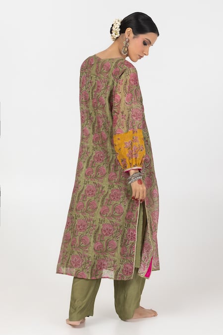 Pants And Pajamas Block Print Embroidered Yoke Kurta With Pant 
