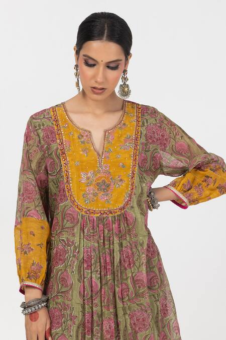 Buy Pants And Pajamas Green Cotton, Silk Embroidery, Sequins Split Block Print Yoke Kurta With Pant Online at Aza Fashions Buy_Pants And Pajamas_Green Cotton, Silk Embroidery, Sequins Split Block Print Yoke Kurta With Pant _Online_at_Aza_Fashions