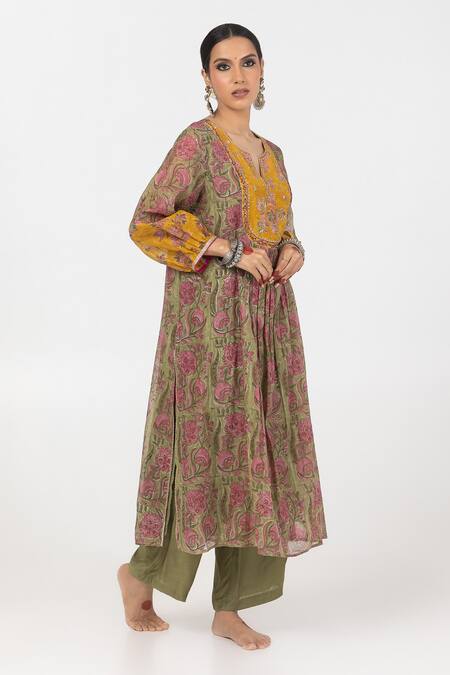 Shop Pants And Pajamas Green Cotton, Silk Embroidery, Sequins Split Block Print Yoke Kurta With Pant Online at Aza Fashions Shop_Pants And Pajamas_Green Cotton, Silk Embroidery, Sequins Split Block Print Yoke Kurta With Pant _Online_at_Aza_Fashions
