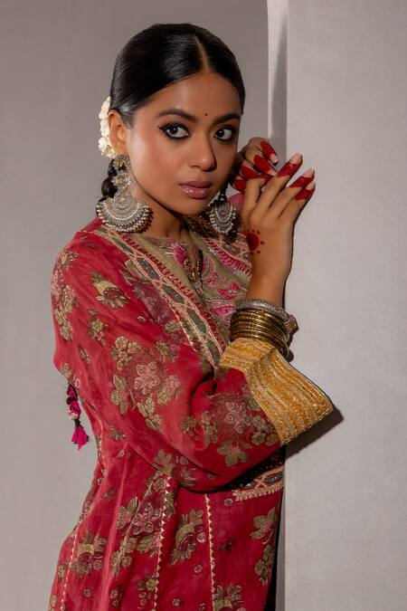 Pants And Pajamas Maroon Modal, Chanderi Gota Patti, Embroidery Yoke Block Print Kurta With Pant Online at Aza Fashions Pants And Pajamas_Maroon Modal, Chanderi Gota Patti, Embroidery Yoke Block Print Kurta With Pant _Online_at_Aza_Fashions