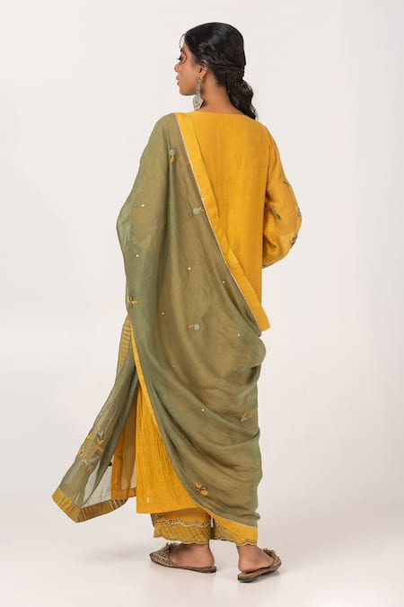 Shop Pants And Pajamas Yellow Cotton, Silk, Chanderi Sequins, Embroidery V-neck Leaf Kurta Pant Set at Aza Fashions Shop_Pants And Pajamas_Yellow Cotton, Silk, Chanderi Sequins, Embroidery V-neck Leaf Kurta Pant Set _at_Aza_Fashions