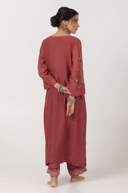 Shop Pants And Pajamas Maroon Cotton, Silk, Chanderi Sequins, Embroidery Floral Leaf Kurta Pant Set at Aza Fashions Shop_Pants And Pajamas_Maroon Cotton, Silk, Chanderi Sequins, Embroidery Floral Leaf Kurta Pant Set _at_Aza_Fashions