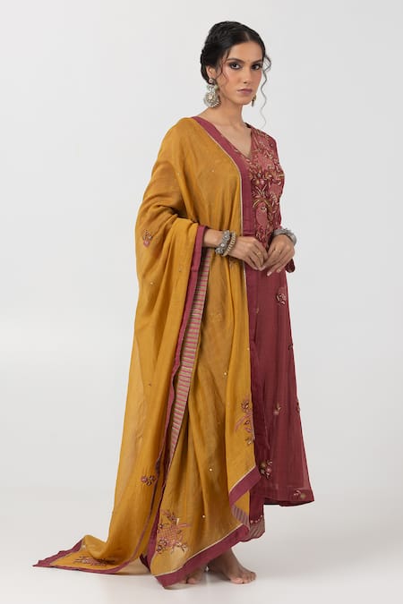 Shop Pants And Pajamas Maroon Cotton, Silk, Chanderi Sequins, Embroidery Floral Leaf Kurta Pant Set Online at Aza Fashions Shop_Pants And Pajamas_Maroon Cotton, Silk, Chanderi Sequins, Embroidery Floral Leaf Kurta Pant Set _Online_at_Aza_Fashions