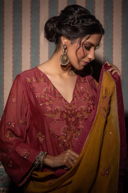 Pants And Pajamas Maroon Cotton, Silk, Chanderi Sequins, Embroidery Floral Leaf Kurta Pant Set at Aza Fashions Pants And Pajamas_Maroon Cotton, Silk, Chanderi Sequins, Embroidery Floral Leaf Kurta Pant Set _at_Aza_Fashions