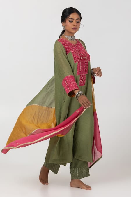 Buy Pants And Pajamas Green Cotton, Silk, Chanderi Sequins, Zari, Geometric Patch Work Kurta Pant Set Online at Aza Fashions Buy_Pants And Pajamas_Green Cotton, Silk, Chanderi Sequins, Zari, Geometric Patch Work Kurta Pant Set _Online_at_Aza_Fashions