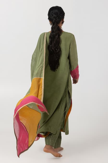 Shop Pants And Pajamas Green Cotton, Silk, Chanderi Sequins, Zari, Geometric Patch Work Kurta Pant Set Online at Aza Fashions Shop_Pants And Pajamas_Green Cotton, Silk, Chanderi Sequins, Zari, Geometric Patch Work Kurta Pant Set _Online_at_Aza_Fashions