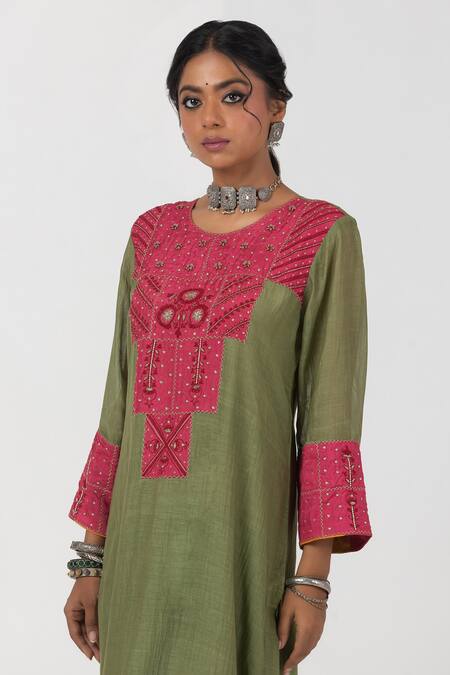 Buy Pants And Pajamas Green Cotton, Silk, Chanderi Sequins, Zari, Geometric Patch Work Kurta Pant Set Buy_Pants And Pajamas_Green Cotton, Silk, Chanderi Sequins, Zari, Geometric Patch Work Kurta Pant Set