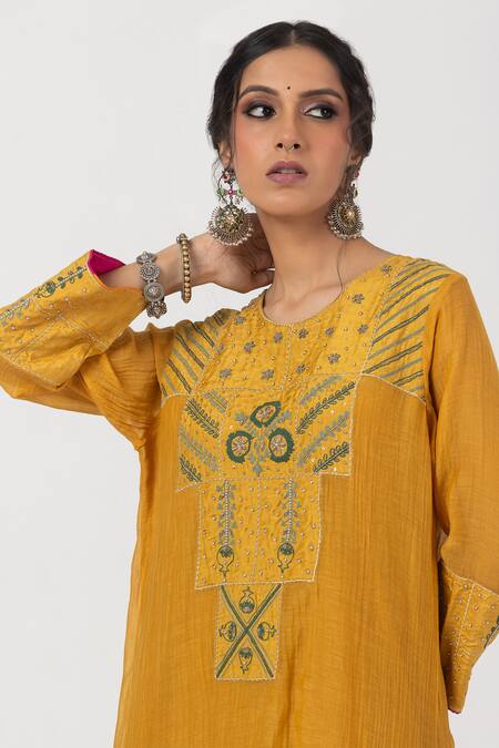 Buy Pants And Pajamas Yellow Cotton, Silk, Chanderi Embroidery, Abstract Patch Work Kurta Pant Set Buy_Pants And Pajamas_Yellow Cotton, Silk, Chanderi Embroidery, Abstract Patch Work Kurta Pant Set