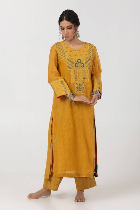 Shop Pants And Pajamas Yellow Cotton, Silk, Chanderi Embroidery, Abstract Patch Work Kurta Pant Set Shop_Pants And Pajamas_Yellow Cotton, Silk, Chanderi Embroidery, Abstract Patch Work Kurta Pant Set