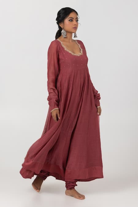Buy Pants And Pajamas Maroon Chanderi Embroidery, Beads Scoop Neck Floral Anarkali Set Online at Aza Fashions Buy_Pants And Pajamas_Maroon Chanderi Embroidery, Beads Scoop Neck Floral Anarkali Set _Online_at_Aza_Fashions