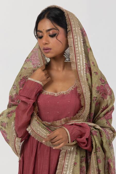 Shop Pants And Pajamas Maroon Chanderi Embroidery, Beads Scoop Neck Floral Anarkali Set Shop_Pants And Pajamas_Maroon Chanderi Embroidery, Beads Scoop Neck Floral Anarkali Set