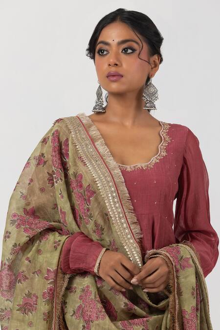 Buy Pants And Pajamas Green Chanderi Embroidery, Fringe Floral Block Print Dupatta Online at Aza Fashions Buy_Pants And Pajamas_Green Chanderi Embroidery, Fringe Floral Block Print Dupatta _Online_at_Aza_Fashions