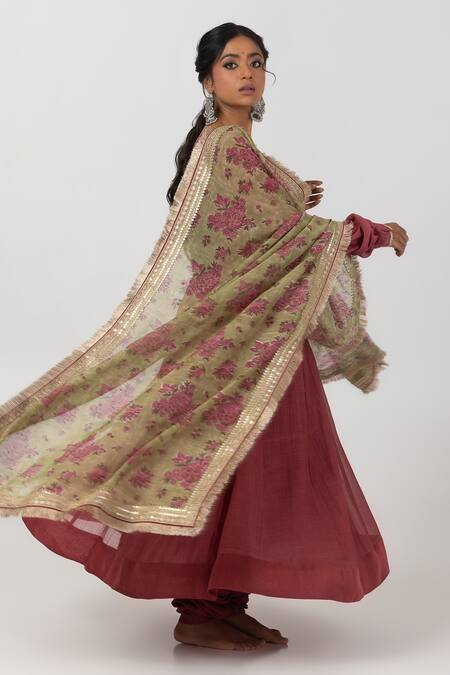 Shop Pants And Pajamas Green Chanderi Embroidery, Fringe Floral Block Print Dupatta Online at Aza Fashions Shop_Pants And Pajamas_Green Chanderi Embroidery, Fringe Floral Block Print Dupatta _Online_at_Aza_Fashions
